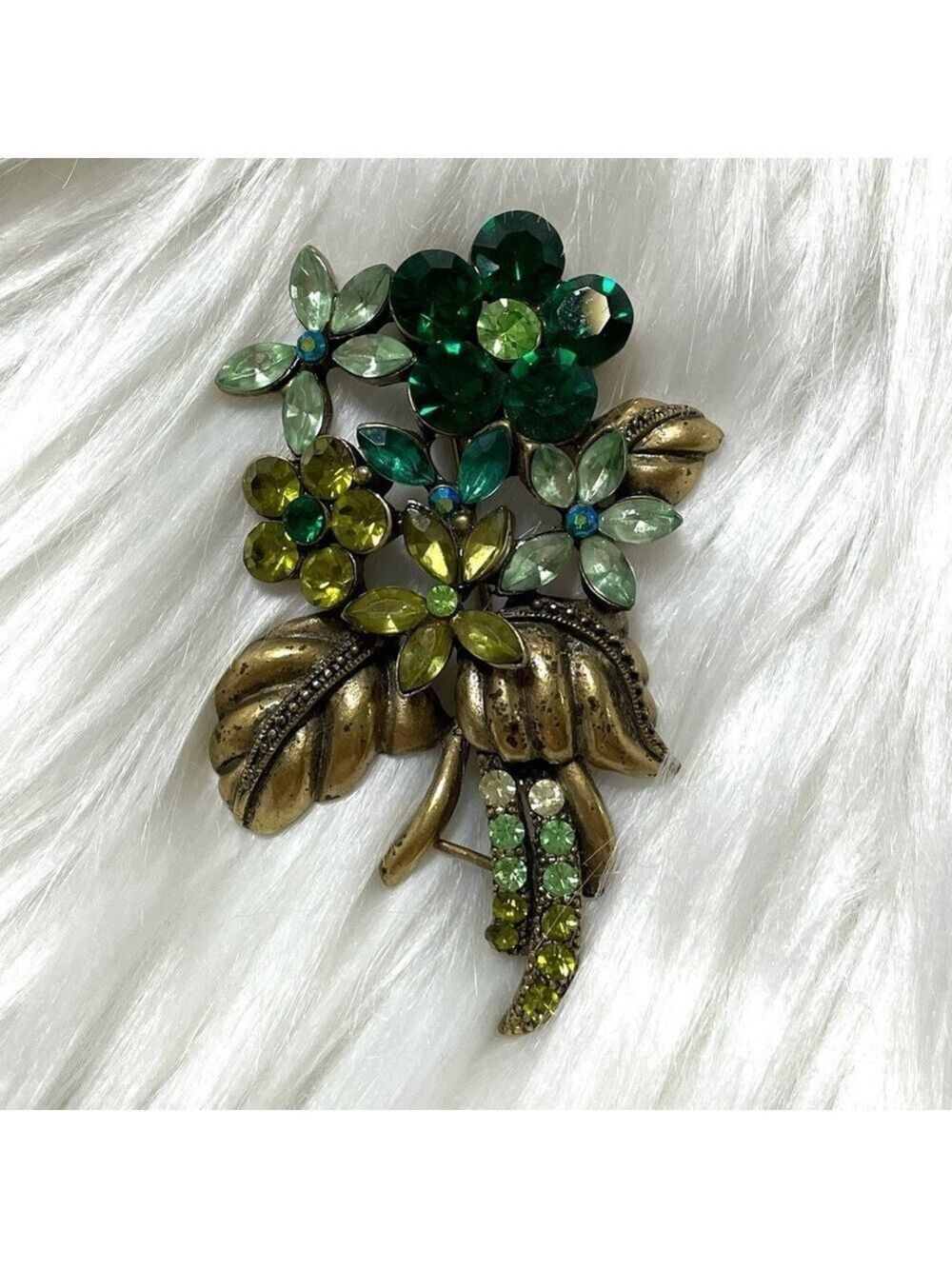 Vintage Y2K Floral Brooch Pin With Green Crystals and Gold Accents